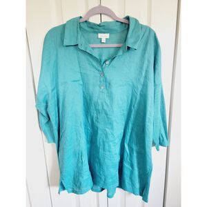 J. Jill L Love Linen Tunic Top Womens Size Large Aqua Pullover Part Button‎
